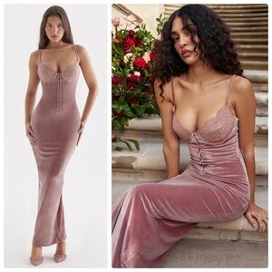 House of CB London Velvet Corset Maxi Dress Mauve Pink Size L NWT